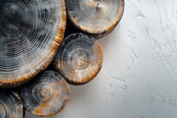 Fototapeta premium Artistic photo of tree trunk cross-sections on textured white background.