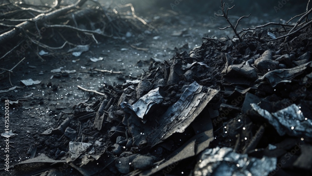 Poster macro shot of a pile of ash showing rough texture