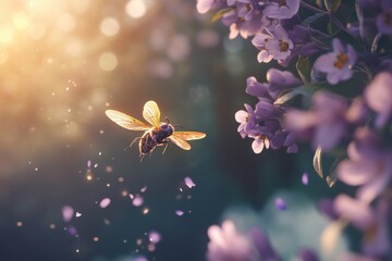 Bee flying near flowers isolated on transparent background