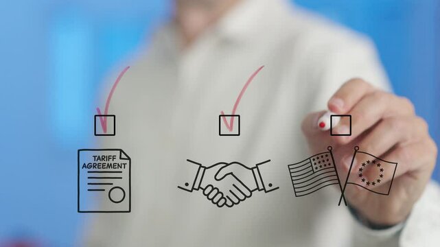 Businessman marking checkmarks on transparent board, signaling tariff agreement between united states and european union, representing international trade cooperation and diplomatic negotiations