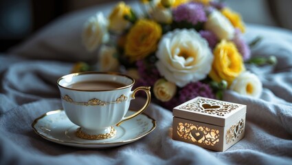 Coffee alongside a bouquet in bed for the dear morning