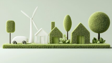 Green miniature environment with houses car trees and windmill