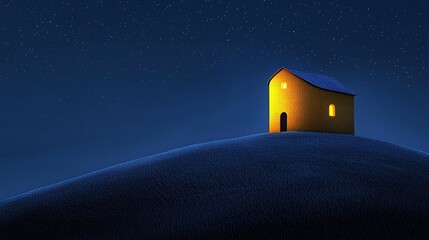 A small house with lights at night on a gentle hill