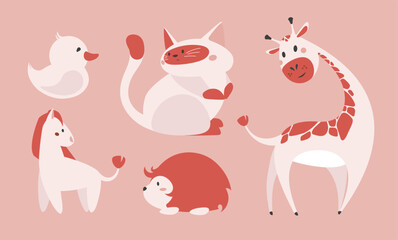 Vector cute animal icons set. Kids sticker pack. Simple cartoon signs. Tiny duck, little horse. Funny giraffe, big hedgehog, big cat. Birds and beasts. Flat graphic art elements. Childish style image