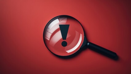 Magnifying Glass Highlighting Red Warning Icon with Space for Your Text or Logo on a Bold Background