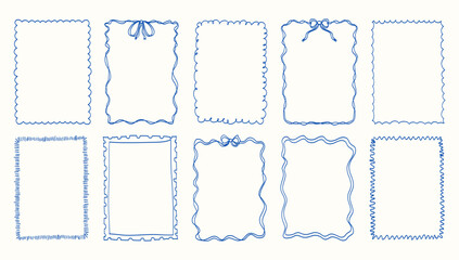 The blue frames are all different sizes and shapes. They are all lined up in a row