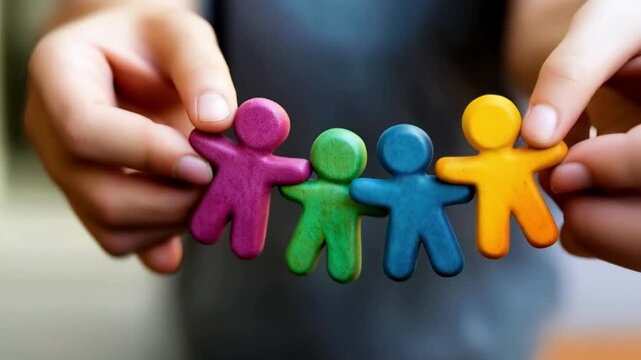 Hands holding colorful human figures symbolizing teamwork and collaboration	
