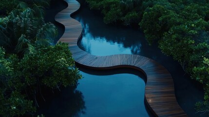 A winding wooden walkway through lush green surrounding waterways