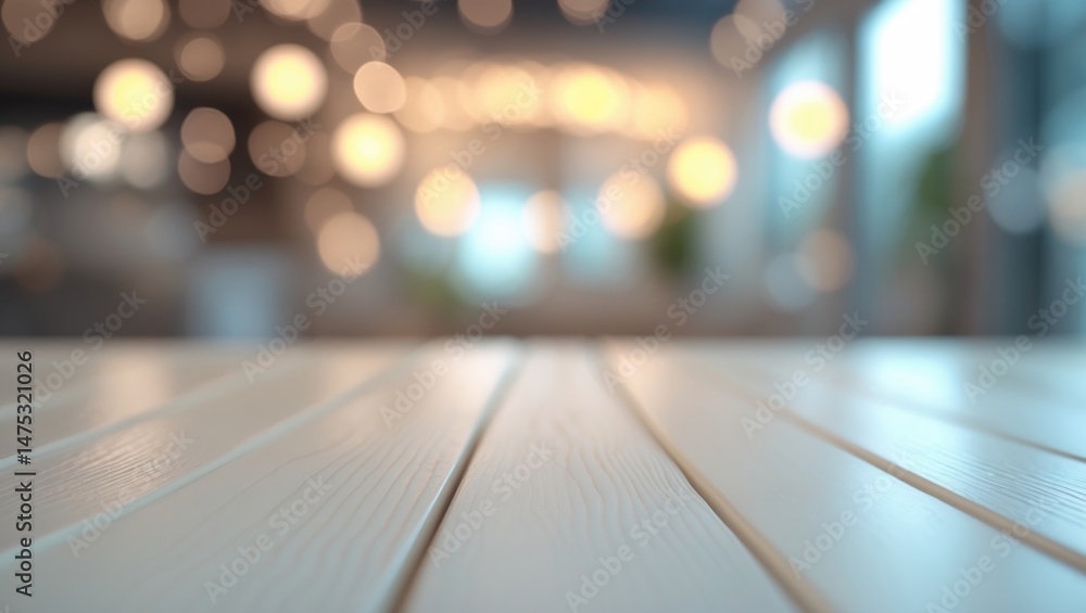Poster white wood table top background with bokeh lights, empty counter in a blurred setting, white wood sh