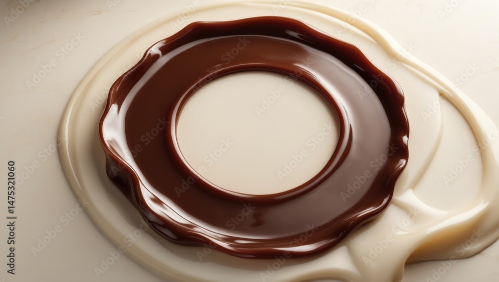 Poster liquid chocolate and caramel drop creating a ring shape against a plain surface
