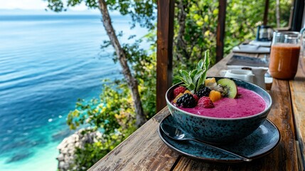 A vibrant smoothie bowl with fruit served on a wooden deck