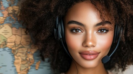 Beautiful woman wearing headset smiling with a world map backdrop