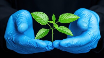 A small green plant is held safely in blue gloved hands