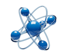 Illustration of a blue atom model with orbiting electrons transparent background
