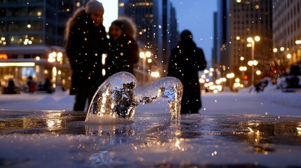 Illuminated icy art sculpture features people and urban city background