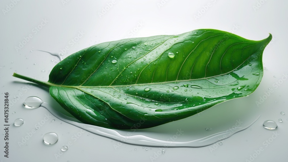 Poster clipping path of a leaf with water droplets splashing on white background
