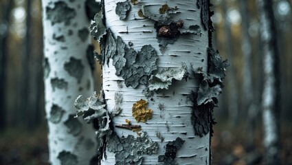 Detailed view of white birch bark and lichen with distinctive markings, showcasing nature's intricate patterns