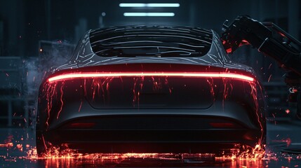 A futuristic car with bright red lights and robotic arm