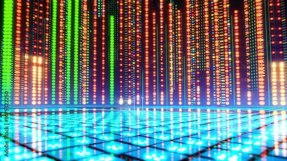 Poster dynamic light display showcasing vibrant colors and patterns in a digital environment