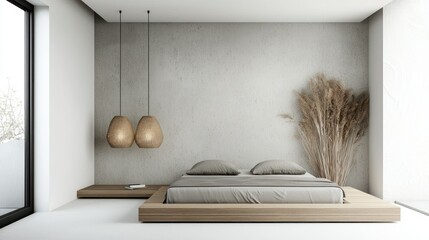 A modern bedroom interior with minimalist furniture and natural decor