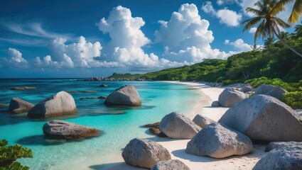 Granite rocks adorn the picturesque beach of Anse Source d'Argent on a tropical island