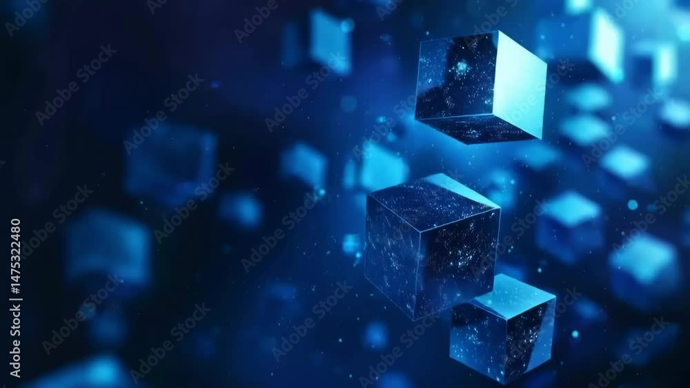 Poster exploring abstract blue cube animations in a digital space with vibrant effects and patterns