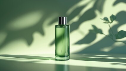 Floral shadow and sunlight highlight a cosmetic bottle against the background