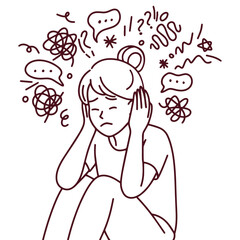 Sad young woman sitting with head in hands overwhelmed by anxiety depression, emotional struggles and mental health problems drawn in minimalist black line art style emphasizing sadness and inner pain