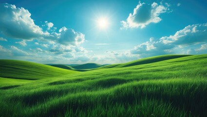 Fototapeta premium Beautiful rural landscape with vibrant green fields and bright blue sky at sunrise