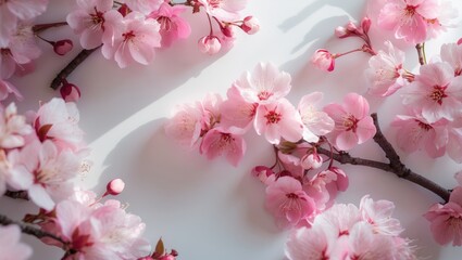 Fototapeta premium White background featuring a panorama of pink cherry blossoms