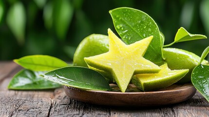 Freshly cut starfruit fruit with green leaves on wood table