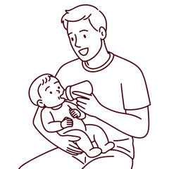 Black and white line art of loving father bottle feeding his newborn baby, showing care, emotional bonding, and nurturing connection between parent and child