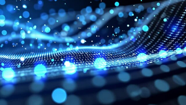 Abstract Blue Digital Wave: Binary Code and Glowing Particles