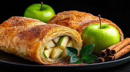 Delicious looking pastries alongside fresh apples and cinnamon sticks