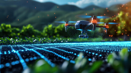 Drone technology showcasing precision agriculture fertile green fields digital landscape aerial view modern farming solutions