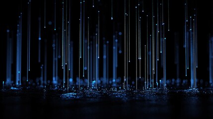 Abstract artwork showing glowing vertical light beams descending onto a surface