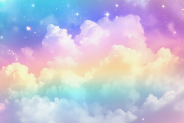 colorful sky with clouds and stars. The sky is filled with a rainbow of colors, from pink to blue to green. The clouds are fluffy and white, and the stars are twinkling in the background