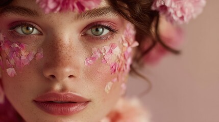 Naklejka premium Close-up portrait of a young woman with delicate floral makeup and a flower crown. Pink flowers and petals adorn her face