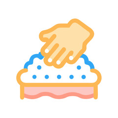 Hand pressing down blue material in a container graphic