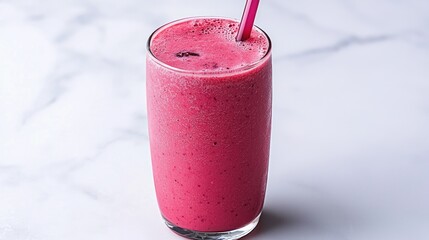 A Refreshing Pink Smoothie In A Tall Glass With A Straw
