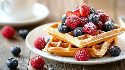 Delicious waffles are stacked with fresh berries and powdered sugar