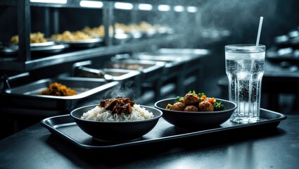 A food service close-up featuring a tray of food on the table before consumption
