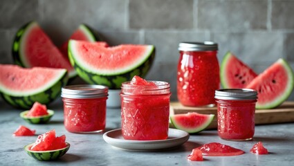 Sweet homemade watermelon jelly spread displayed on a marble background with room for text