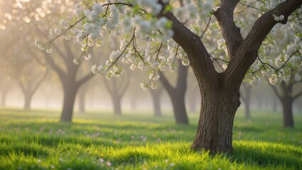 Fototapeta premium Full bloom of fruit trees in orchard