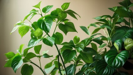 Decorative houseplant with vibrant green leaves on a beige surface
