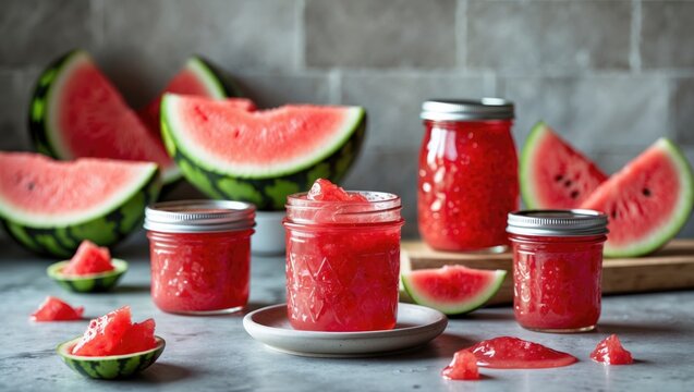 Sweet homemade watermelon jelly spread displayed on a marble background with room for text