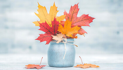 Autumn leaves in blue jar.