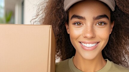 Smiling woman with box is ready for quick delivery service