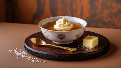 Asian-style butter tea presented in a white bowl, a traditional Tibetan beverage with yak butter, black tea, and salt.