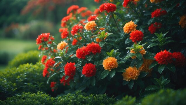 A picturesque scene of blooming flowers in red and orange on a bush surrounded by lush greenery, emphasizing natural beauty and harmony.